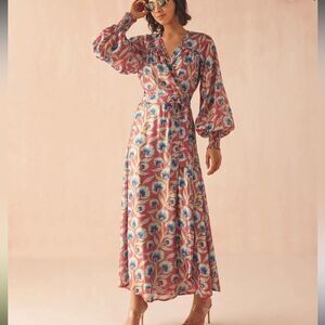 OMika LORELEI Metallic Floral Print Wrap Maxi Dress in Everly Currant $498 MSRP
